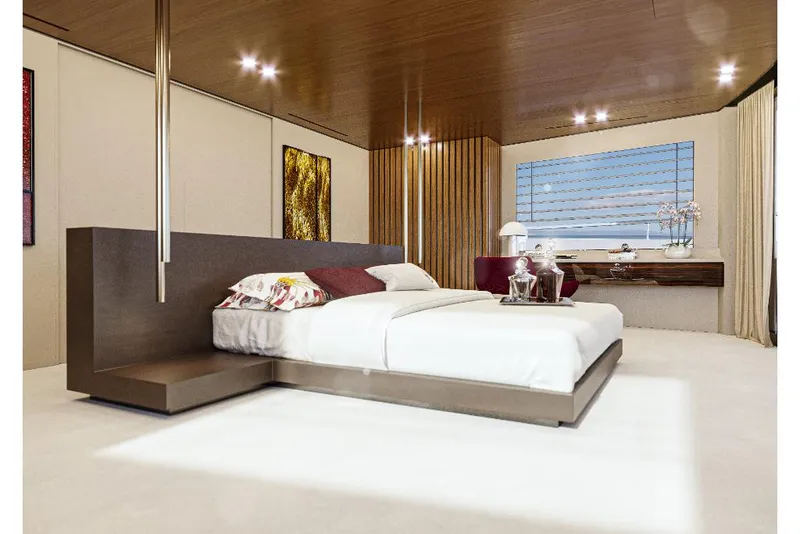 Slide: The Image of Modern bedroom with minimalist design, featuring a sleek bed, wooden accents, and contemporary decor. - 12