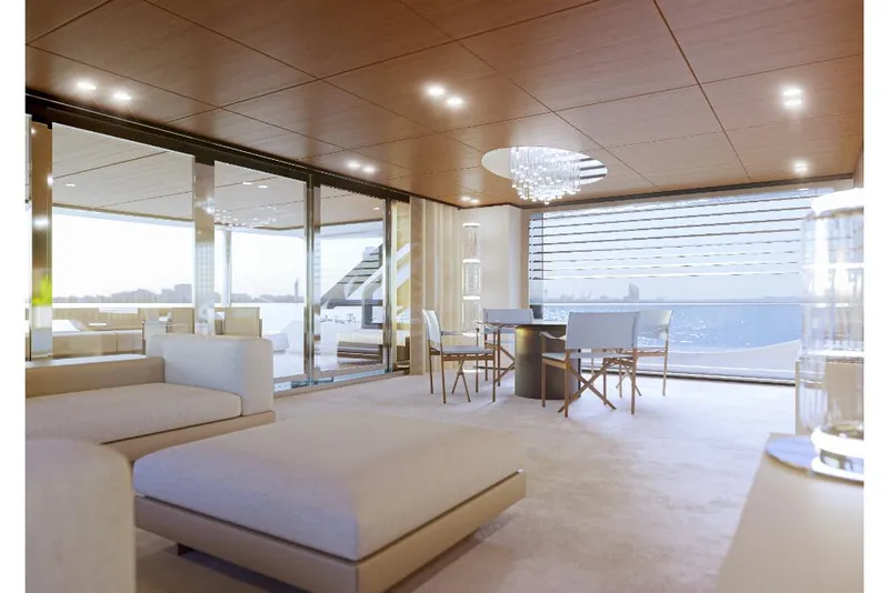 Slide: The Image of Luxurious interior of Wider 92 yacht, 2023 model, featuring modern furnishings and panoramic windows. - 13