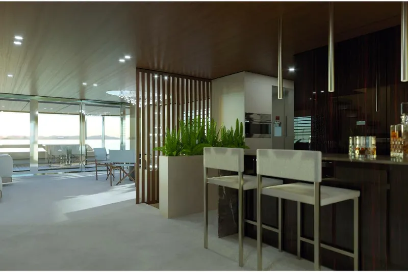 Slide: The Image of Luxurious interior of Wider 92 yacht, modern design with bar and seating area, 2023 model. - 14
