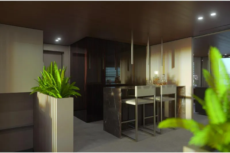 Slide: The Image of Modern interior of Wider 92 yacht, 2023 model, featuring sleek dining area and lush green plants. - 16