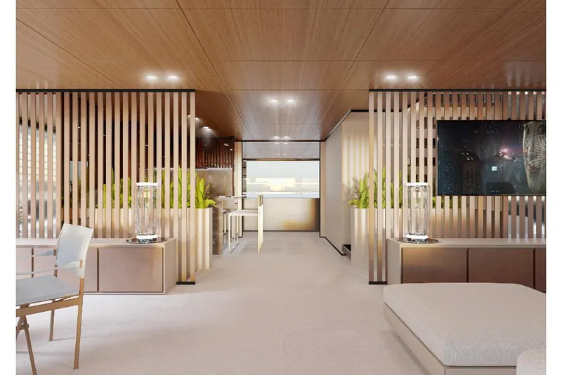 Slide: The Image of Luxurious interior of 2023 Wider 92 yacht with modern wooden accents and elegant furnishings. - 17