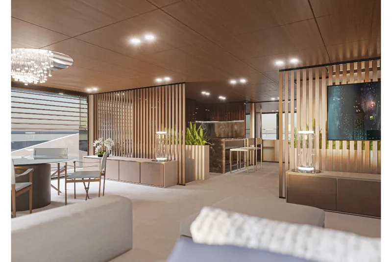 Slide: The Image of Luxurious interior of 2023 Wider 92 yacht with modern wooden design and elegant lighting. - 18