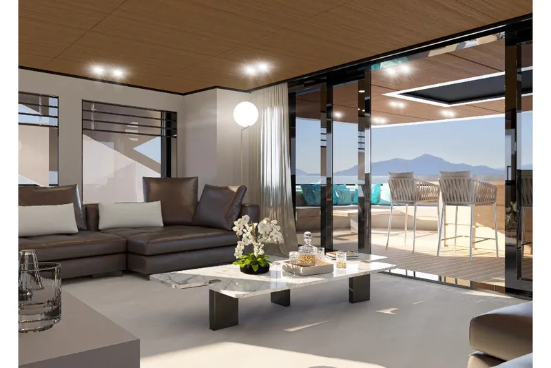 Slide: The Image of Luxurious interior of 2023 Wider 92 yacht with modern furnishings and outdoor seating area. - 19