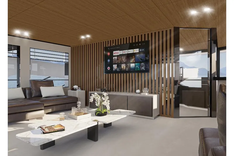 Slide: The Image of Luxurious Wider 92 yacht interior, modern living area with TV, elegant decor, and panoramic windows. - 20