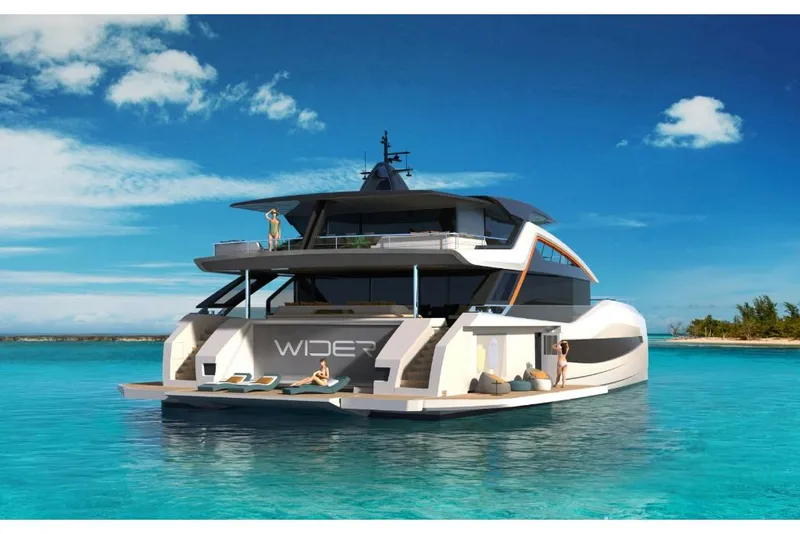 Slide: The Image of Luxury Wider 92 yacht 2023 model on turquoise waters with clear blue sky. - 3