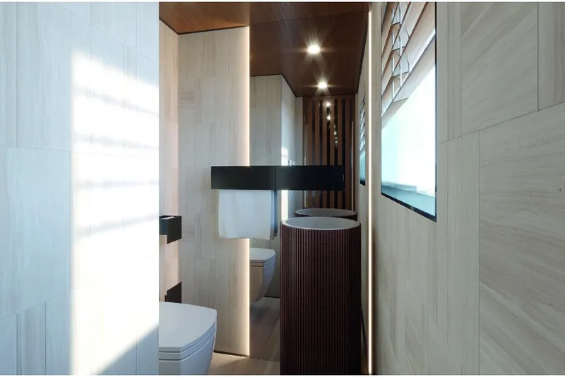 Slide: The Image of Modern bathroom in 2023 Wider 92 yacht with sleek design and ambient lighting. - 5
