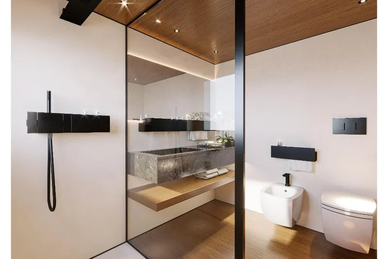 Slide: The Image of Modern bathroom in 2023 Wider 92 yacht with sleek fixtures and minimalist design. - 7