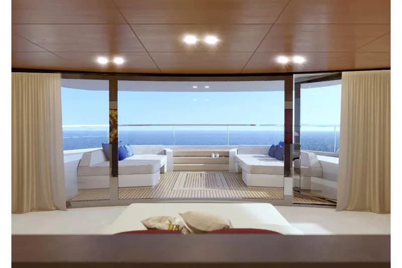 Slide: The Image of Luxurious interior of 2023 Wider 92 yacht with ocean view and modern seating area. - 9