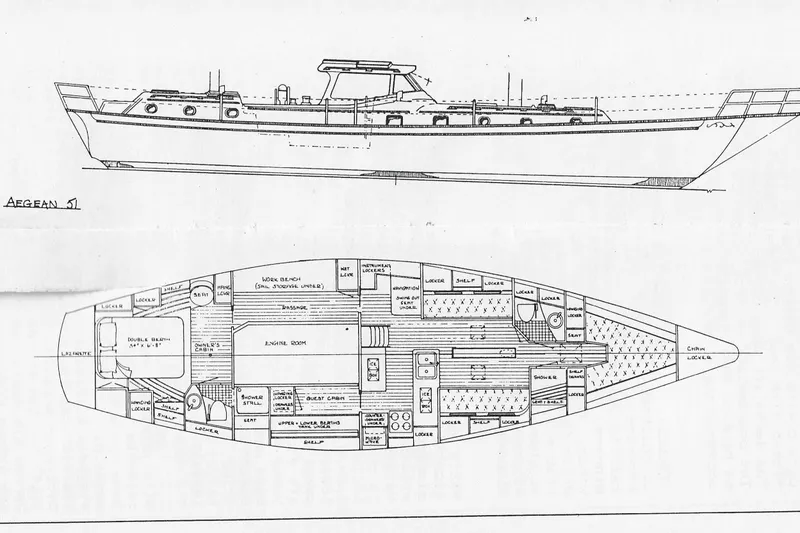 Slide: The Image of Blueprint of 1984 Shannon Aegean 51 sailboat, showing side view and detailed interior layout. - 2