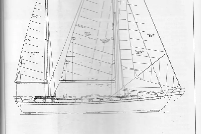 Slide: The Image of Line drawing of a 1984 Shannon Aegean 51 sailboat with detailed sail plan. - 40