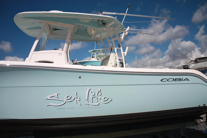 Slide: The Image of 2018 Cobia 301 Center Console mit blauem Rumpf und T-Top. - 4