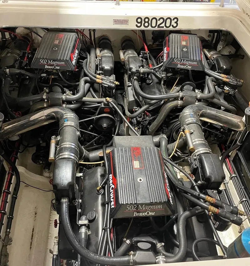 Slide: The Image of Engine compartment of a 1992 Fountain 42 Lightning with MerCruiser 502 Magnum engines. - 10