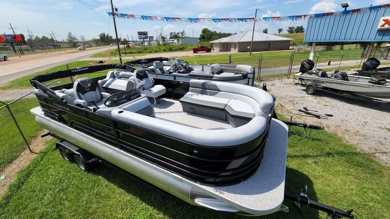 Slide: The Image of Underneath view of 2023 Veranda VISTA22RC Bi-Toon pontoon boat on trailer. - 8