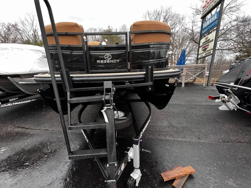 Slide: The Image of 2023 Regency 250 LE3 boat on trailer, rear view with steps. - 16