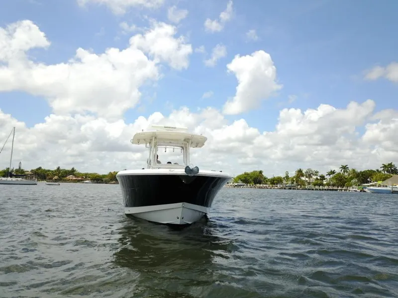 Slide: The Image of 2015 Robalo R300 Center Console boat on water with cloudy sky. - 41