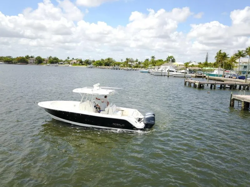 Slide: The Image of 2015 Robalo R300 Center Console boat cruising on a sunny day. - 48