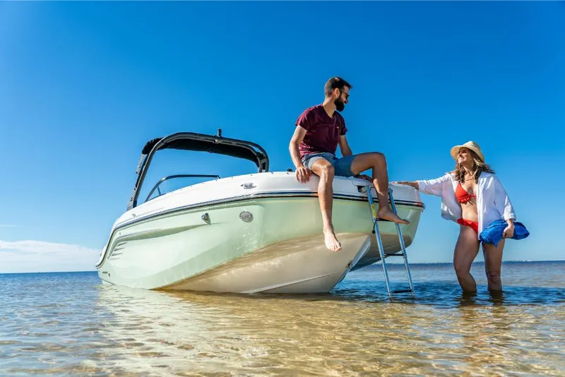 Slide: The Image of 2023 Bayliner DX2250 boat with people enjoying a sunny day at the beach. - 22