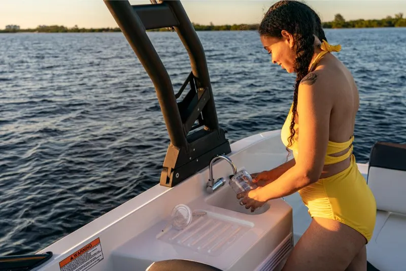 Slide: The Image of Woman in yellow bikini on 2023 Bayliner DX2250 boat, washing glass by the water. - 32