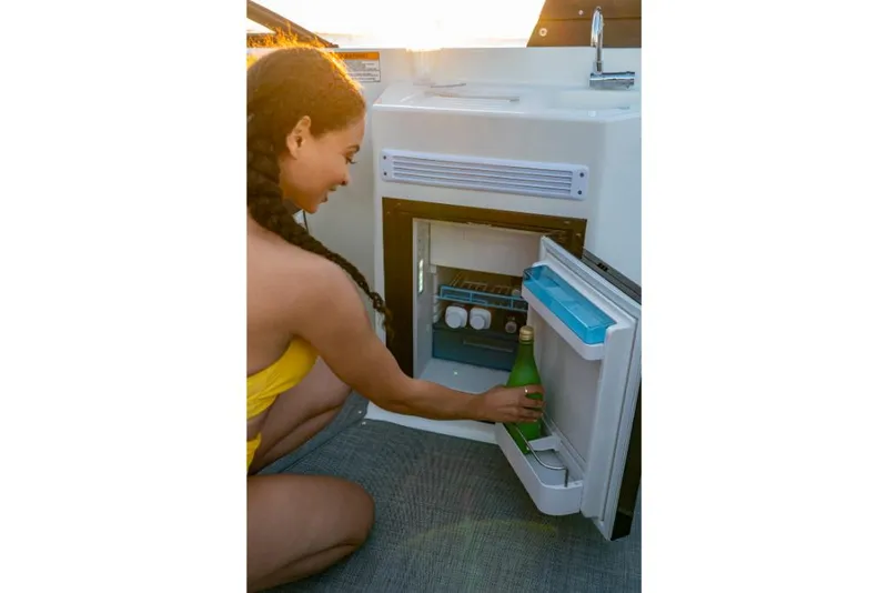 Slide: The Image of Woman using mini fridge on 2023 Bayliner DX2250 boat. - 33