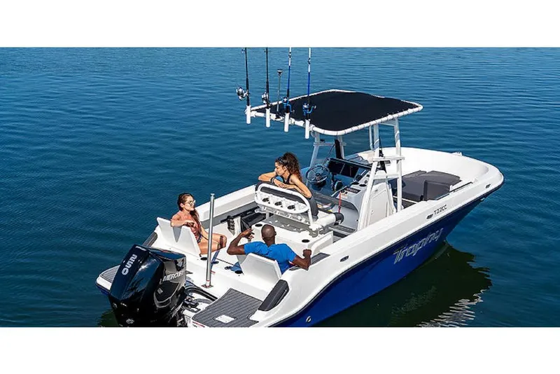 Slide: The Image of 2023 Bayliner T22 CC boat with people relaxing on the water. - 3