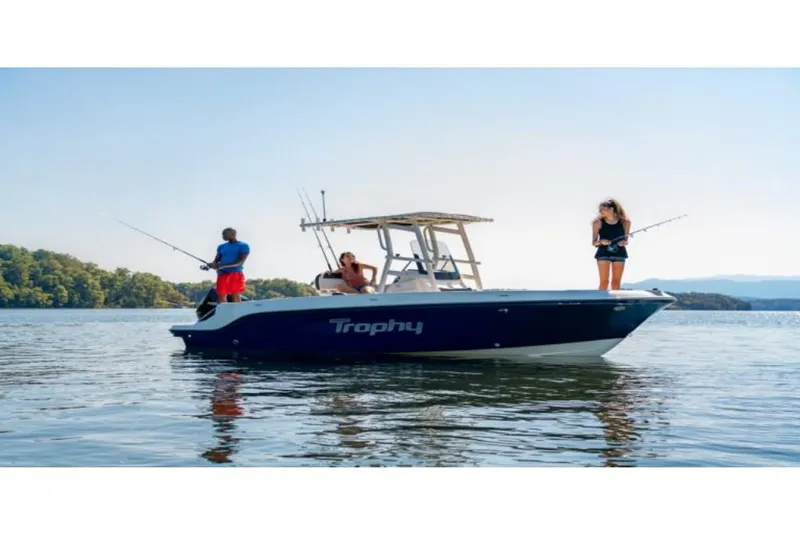 Slide: The Image of 2023 Bayliner T22 CC boat with people fishing on a lake. - 6