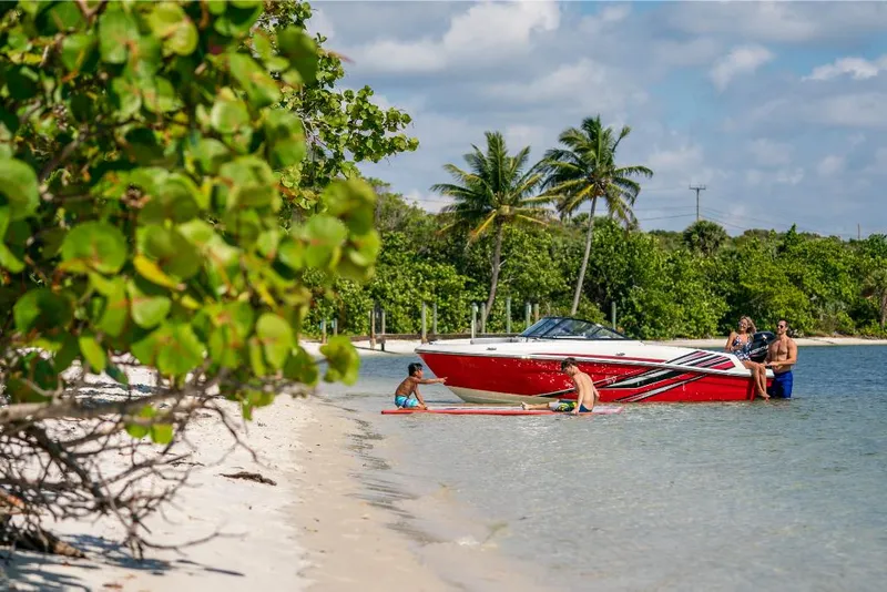 Slide: The Image of 2023 Bayliner VR4 Bowrider on a tropical beach with people enjoying the water. - 27