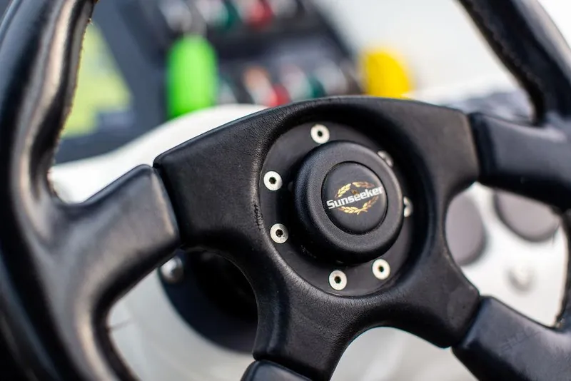 Slide: The Image of Close-up of Sunseeker Carmargue 1999 steering wheel with $250k in upgrades. - 32