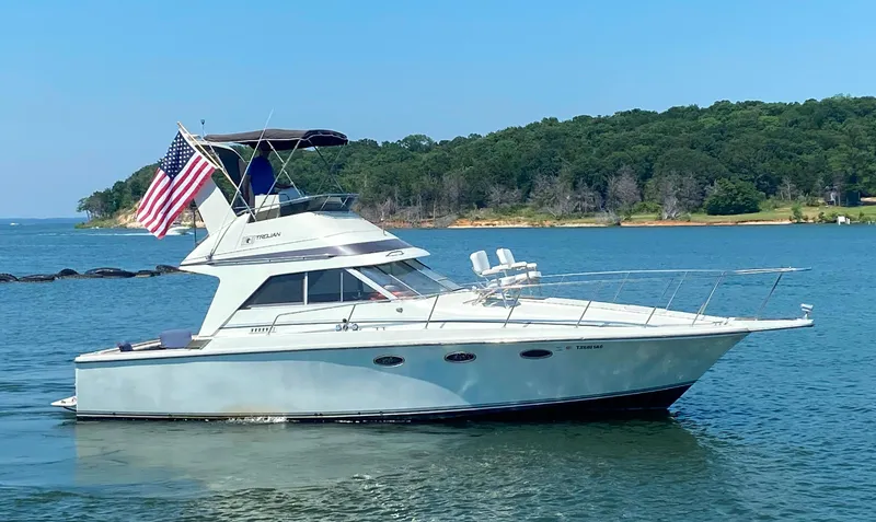 Slide: The Image of 1984 Trojan 10 Meter Sedan boat on a lake with an American flag. - 7