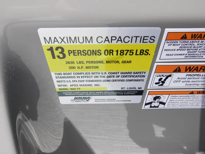 Slide: The Image of 2023 Qwest E-Class 822 RLS LTZ boat capacity label: 13 persons or 1875 lbs. - 14