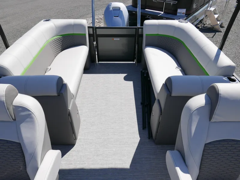 Slide: The Image of 2023 Qwest E-Class 822 RLS LTZ pontoon boat interior with gray seating. - 15