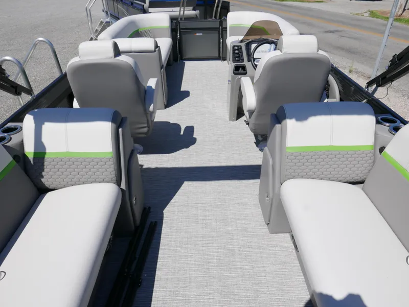 Slide: The Image of 2023 Qwest E-Class 822 RLS LTZ pontoon boat interior with spacious seating. - 20