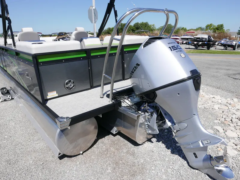 Slide: The Image of 2023 Qwest E-Class 822 RLS LTZ pontoon boat with Honda 150 outboard motor. - 3