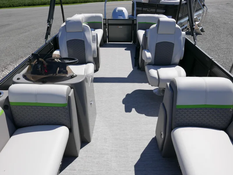 Slide: The Image of 2023 Qwest E-Class 822 RLS LTZ pontoon boat interior with luxurious seating. - 8