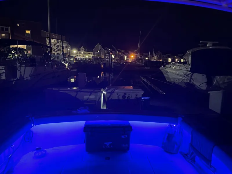 Slide: The Image of Night view from a 1995 Blackfin 29-2 Combi boat, illuminated by blue lights. - 9