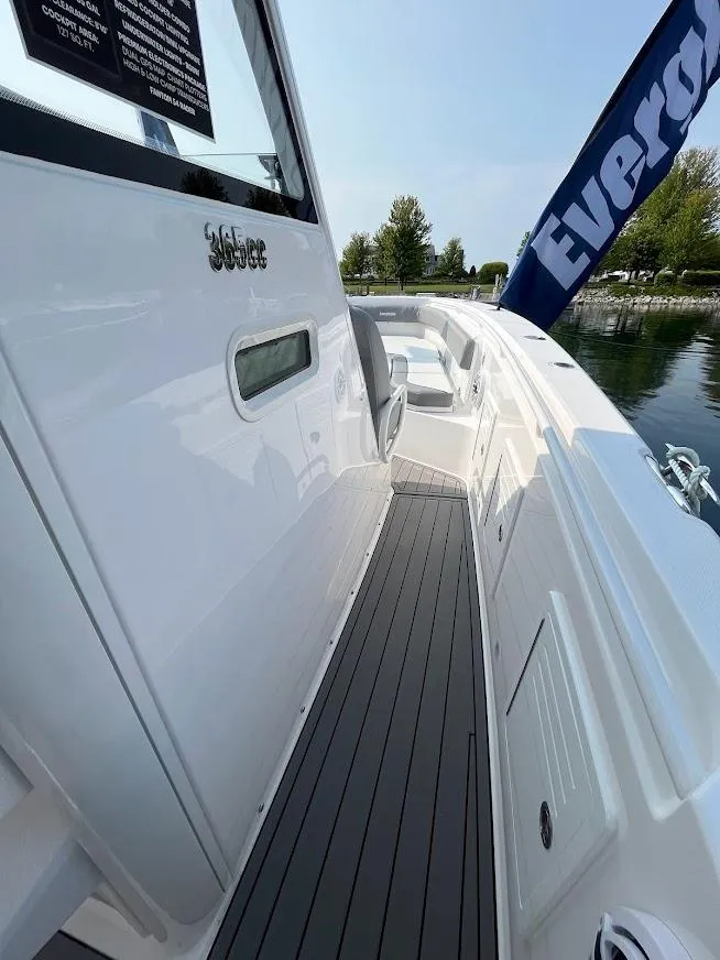 Slide: The Image of 2023 Everglades 365 CC boat deck with sleek design and modern features. - 7