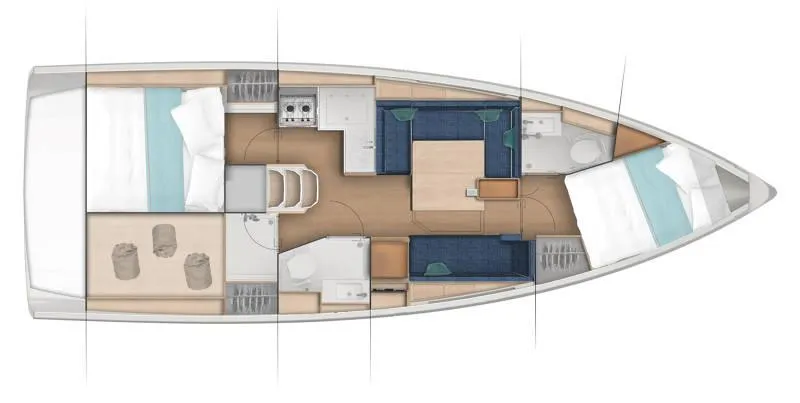 Slide: The Image of 2024 Jeanneau Sun Odyssey 380 interior layout with cabins, kitchen, and seating area. - 5