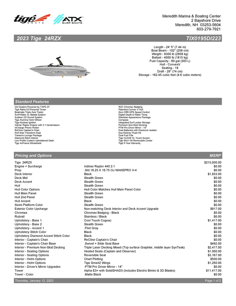 Slide: The Image of 2023 Tigé 24 RZX boat specifications and pricing sheet from Meredith Marina & Boating Center. - 10