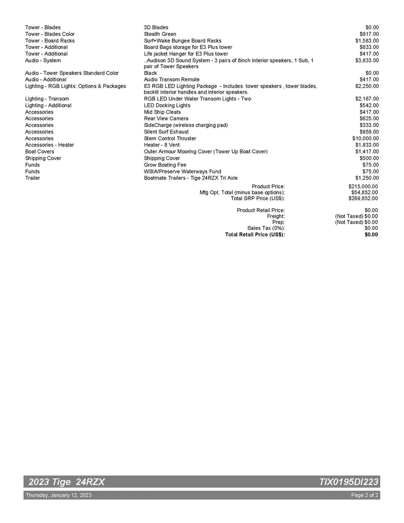Slide: The Image of 2023 Tigé 24 RZX boat specifications and pricing details. - 11