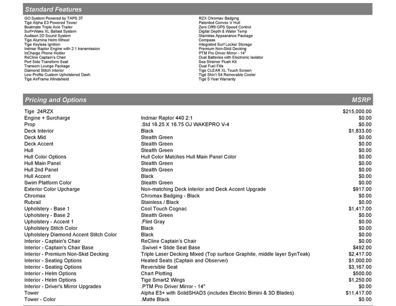 Slide: The Image of 2023 Tigé 24 RZX boat features, pricing, and options list. - 12