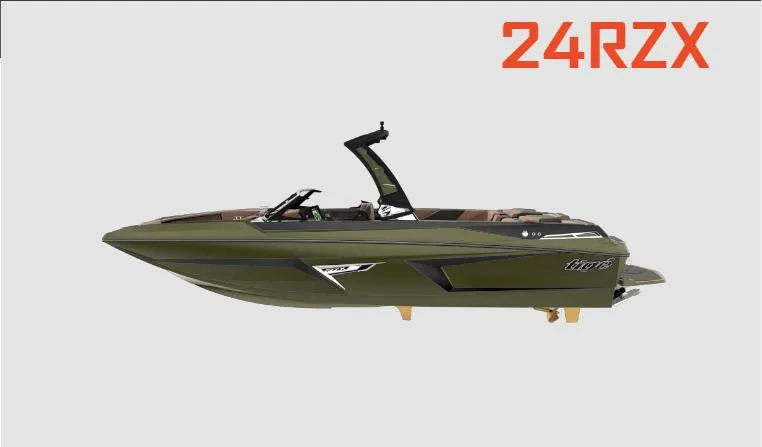 Slide: The Image of 2023 Tigé 24 RZX boat, side view, olive green with black accents. - 5