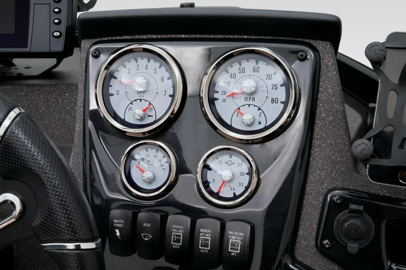 Slide: The Image of 2023 Tracker Targa V-19 WT dashboard with gauges and controls. - 45