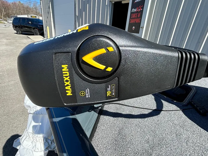 Slide: The Image of Trolling motor on 2025 Ranger RT 198P boat, featuring Maxxum branding. - 2