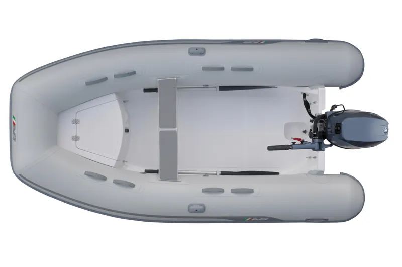 Slide: The Image of 2024 AB Inflatables 10 VS inflatable boat, top view, gray color, with outboard motor. - 1