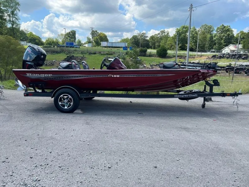 Slide: The Image of 2023 Ranger RT188 boat on trailer, parked outdoors under a cloudy sky. - 2