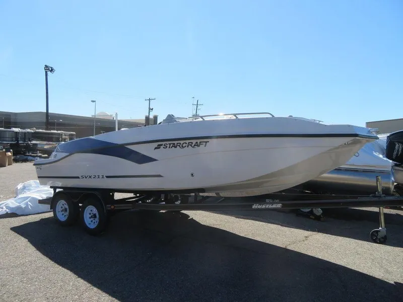 Slide: The Image of 2023 Starcraft SVX OB 211 boat on trailer in outdoor setting. - 3