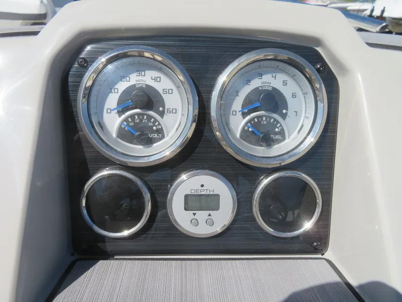 Slide: The Image of Dashboard of 2023 Starcraft SVX OB 211 OB boat with gauges and depth display. - 8
