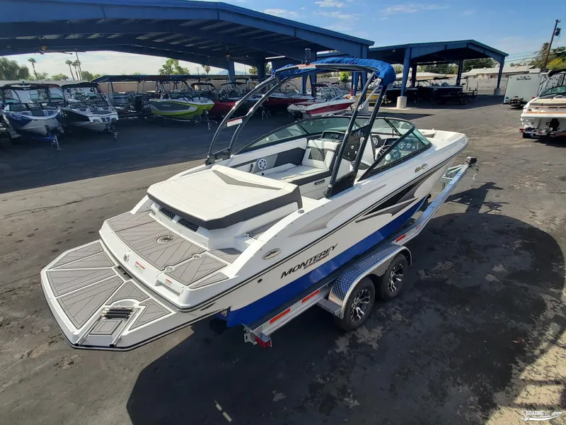 Slide: The Image of 2023 Monterey M22 boat on trailer in outdoor showroom. - 19