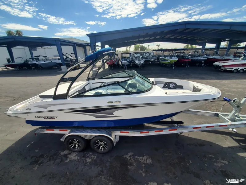 Slide: The Image of 2023 Monterey M22 boat on trailer at dealership under blue sky. - 3