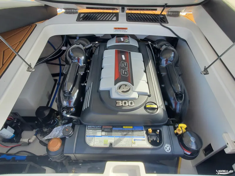 Slide: The Image of 2023 Monterey 238SS boat engine compartment with Mercury 6.2L 300 horsepower engine. - 19