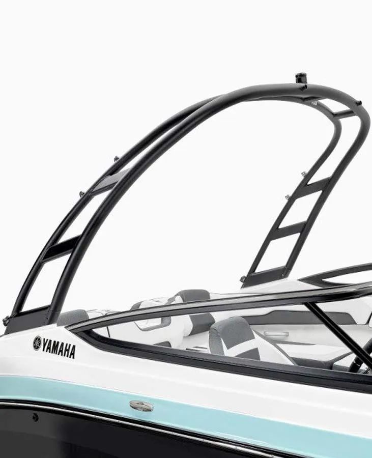 Slide: The Image of 2023 Yamaha Boats AR195, sleek design with a black wakeboard tower. - 3